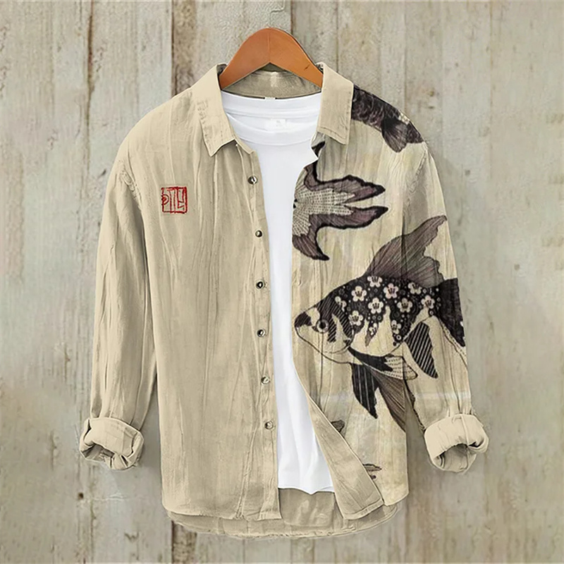 남성용 물고기 프린트 리넨 긴팔 셔츠 캐주얼 셔츠 루즈 - Vintage Collectible Shop 리뷰 및 가격